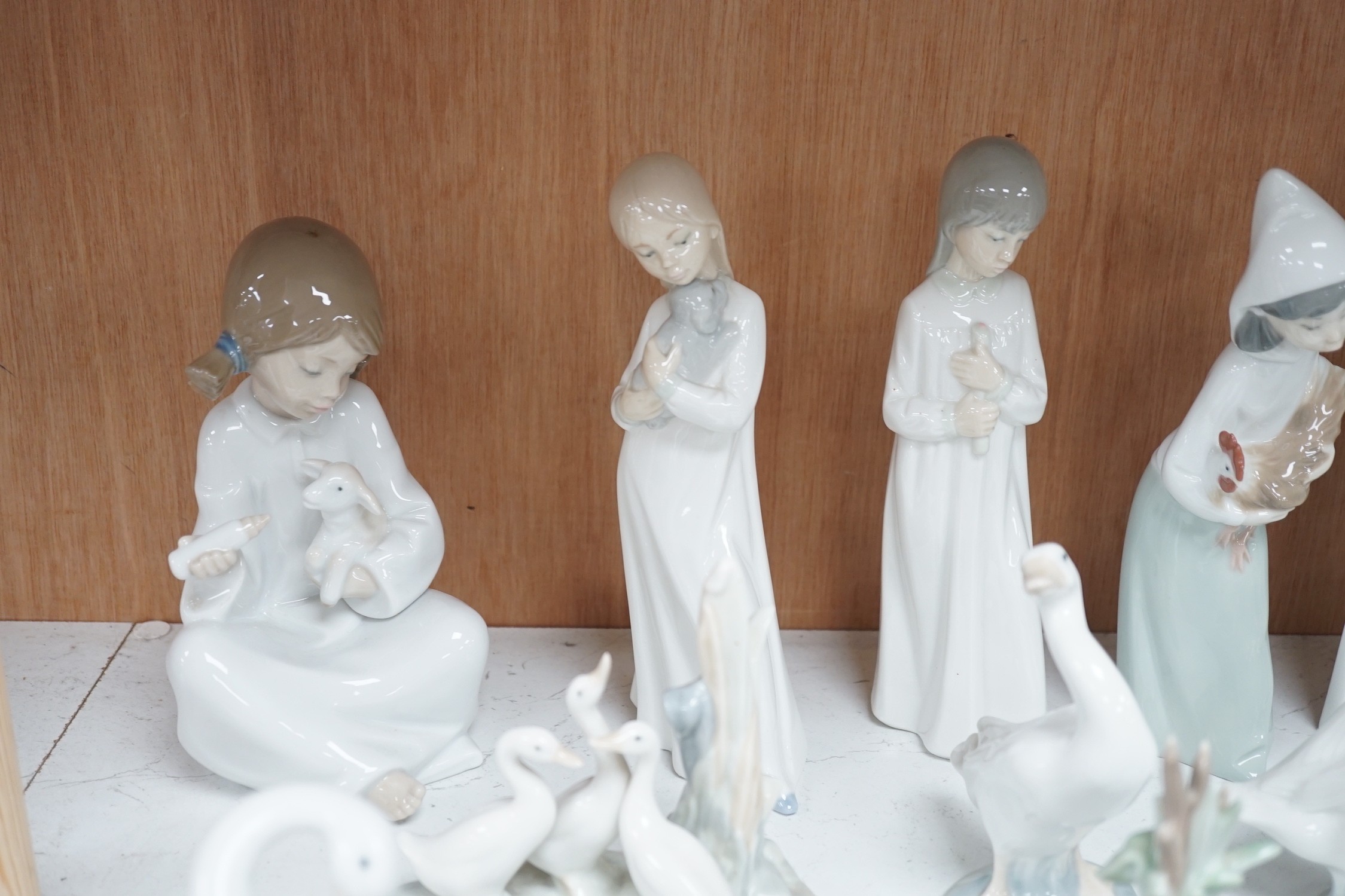 Lladro figurines, models of ducks and six Nao figurines and ducks and an unmarked model of ducks